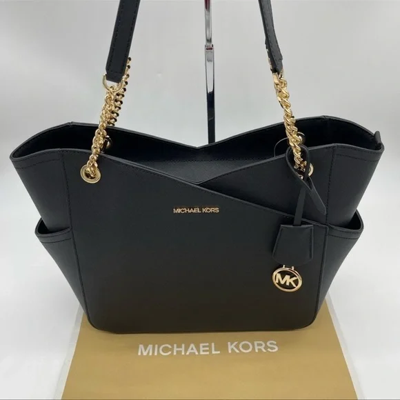 Michael Kors Large X Chain Shoulder Tote Bag Rich Black Leather - Picture 7 of 10